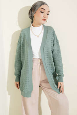 Şerit Delikli Triko Ajur Hırka Çağla Yeşili 