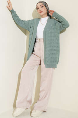 Şerit Delikli Triko Ajur Hırka Çağla Yeşili - Hırka