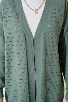 Şerit Delikli Triko Ajur Hırka Çağla Yeşili - Hırka