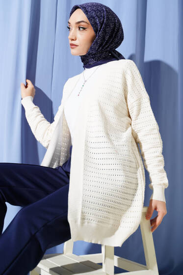 Şerit Delikli Triko Ajur Hırka Ekru - Hırka