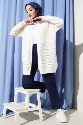 Şerit Delikli Triko Ajur Hırka Ekru - Hırka