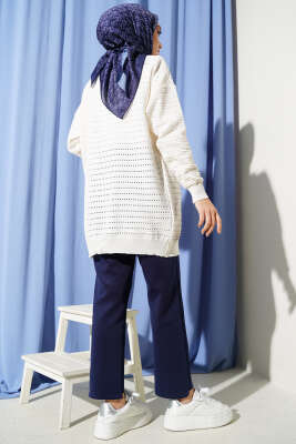 Şerit Delikli Triko Ajur Hırka Ekru - Hırka