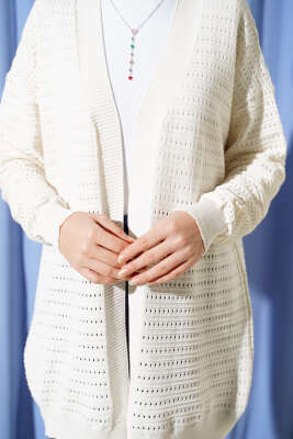 Şerit Delikli Triko Ajur Hırka Ekru - Hırka