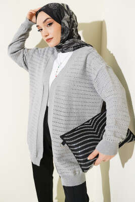 Şerit Delikli Triko Ajur Hırka Gri - RAFİMİX