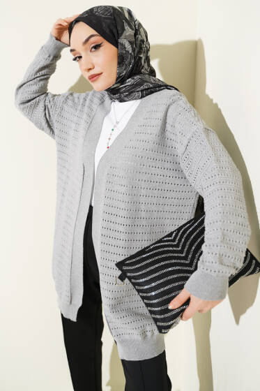 Şerit Delikli Triko Ajur Hırka Gri - Hırka