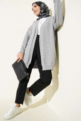 Şerit Delikli Triko Ajur Hırka Gri - Hırka