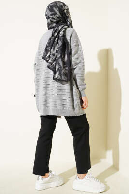 Şerit Delikli Triko Ajur Hırka Gri - Hırka