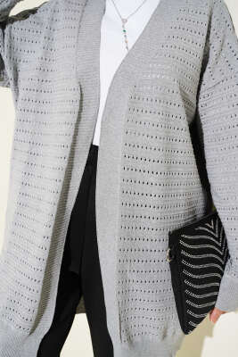 Şerit Delikli Triko Ajur Hırka Gri - Hırka