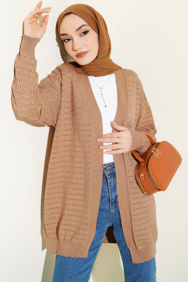 Şerit Delikli Triko Ajur Hırka Latte - Hırka