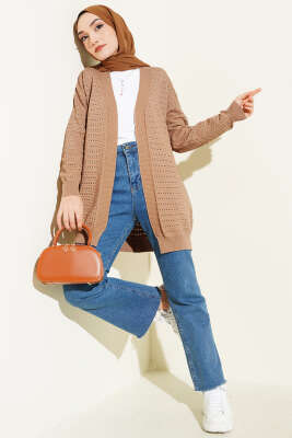 Şerit Delikli Triko Ajur Hırka Latte - Hırka