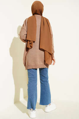 Şerit Delikli Triko Ajur Hırka Latte - Hırka