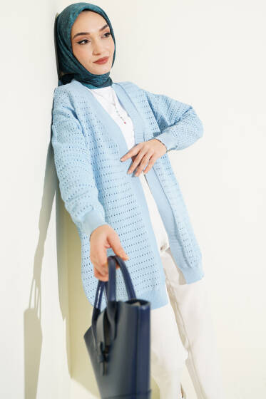 Şerit Delikli Triko Ajur Hırka Mavi - Hırka