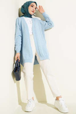 Şerit Delikli Triko Ajur Hırka Mavi - Hırka