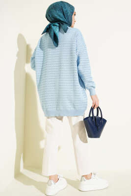 Şerit Delikli Triko Ajur Hırka Mavi - Hırka