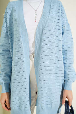 Şerit Delikli Triko Ajur Hırka Mavi - Hırka