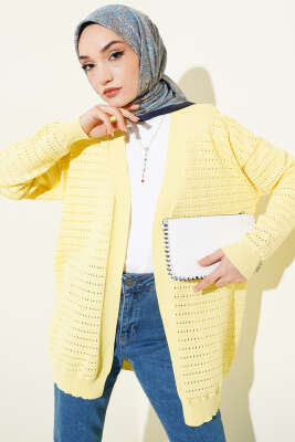 Şerit Delikli Triko Ajur Hırka Sarı - RAFİMİX