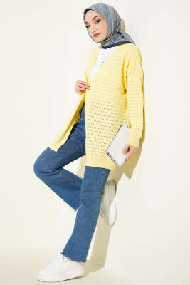 Şerit Delikli Triko Ajur Hırka Sarı - Hırka