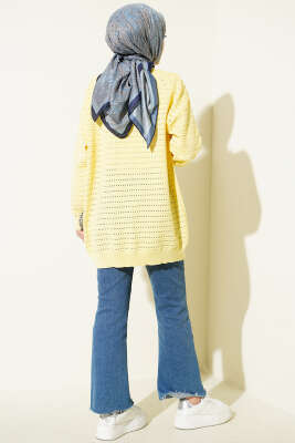 Şerit Delikli Triko Ajur Hırka Sarı - Hırka