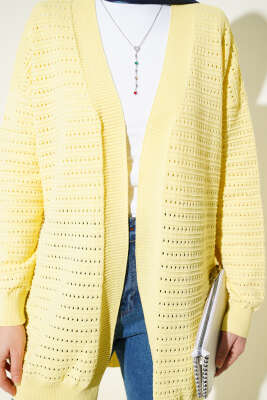 Şerit Delikli Triko Ajur Hırka Sarı - Hırka