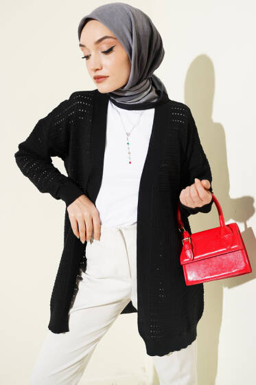 Şerit Delikli Triko Ajur Hırka Siyah - Hırka