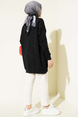 Şerit Delikli Triko Ajur Hırka Siyah - Hırka