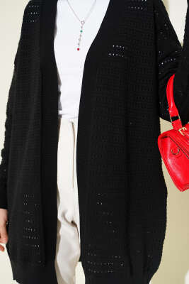 Şerit Delikli Triko Ajur Hırka Siyah - Hırka