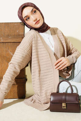 Şerit Delikli Triko Ajur Hırka Vizon - RAFİMİX