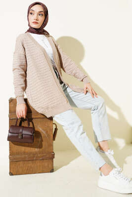 Şerit Delikli Triko Ajur Hırka Vizon - Hırka