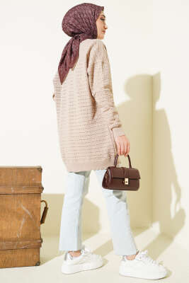 Şerit Delikli Triko Ajur Hırka Vizon - Hırka