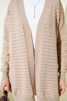 Şerit Delikli Triko Ajur Hırka Vizon - Hırka