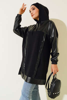 Şerit Deri Garnili Tunik Siyah - DESTİNA