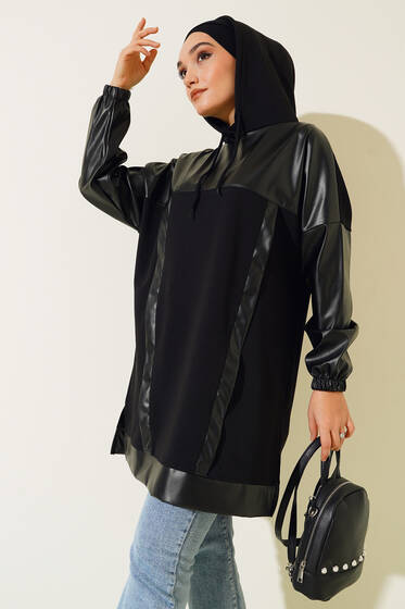 Şerit Deri Garnili Tunik Siyah - Tunik