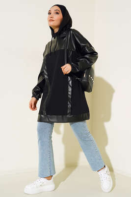 Şerit Deri Garnili Tunik Siyah - Tunik