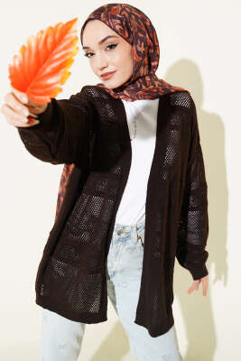 Şerit Desen Ajurlu Triko Hırka Kahve - VANİZA TRİKO