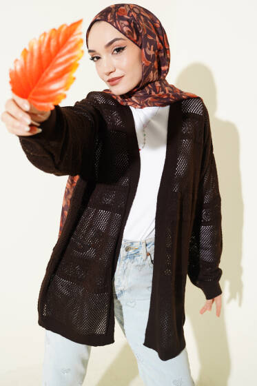 Şerit Desen Ajurlu Triko Hırka Kahve - Hırka