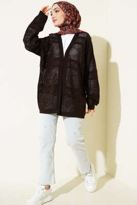 Şerit Desen Ajurlu Triko Hırka Kahve - Hırka