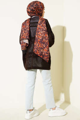 Şerit Desen Ajurlu Triko Hırka Kahve - Hırka