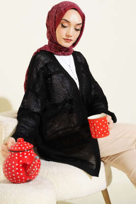 Şerit Desen Ajurlu Triko Hırka Siyah - VANİZA TRİKO