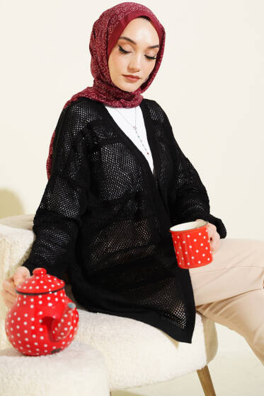 Şerit Desen Ajurlu Triko Hırka Siyah - Hırka