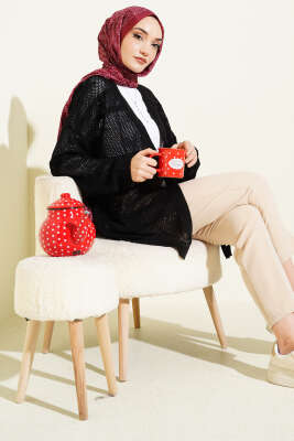 Şerit Desen Ajurlu Triko Hırka Siyah - Hırka