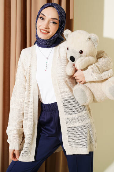 Şerit Desen Ajurlu Triko Hırka Taş - Hırka