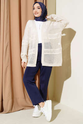 Şerit Desen Ajurlu Triko Hırka Taş - Hırka