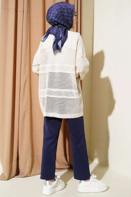 Şerit Desen Ajurlu Triko Hırka Taş - Hırka