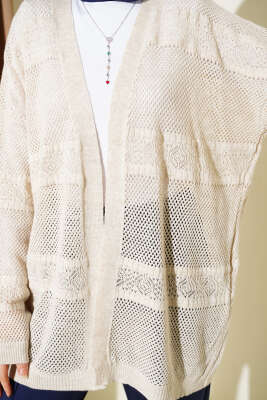 Şerit Desen Ajurlu Triko Hırka Taş - Hırka