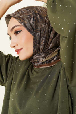 Şerit Desen Demore Eşarp Camel Haki 