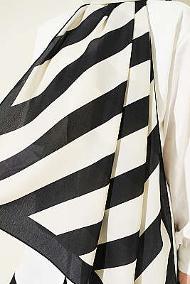 Şerit Desen Medine İpeği Şal Siyah - Başörtüsü