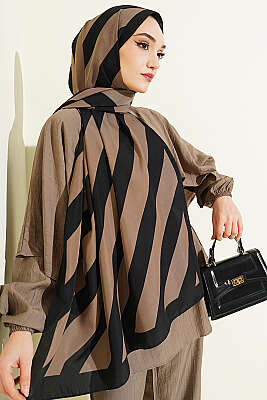 Şerit Desen Medine İpeği Şal Vizon - Başörtüsü