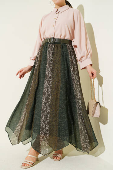 Şerit Desenli Asimetrik Şifon Etek Haki - Etek