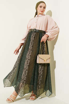 Şerit Desenli Asimetrik Şifon Etek Haki - Etek