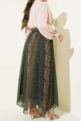 Şerit Desenli Asimetrik Şifon Etek Haki - Etek